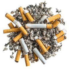 Cigarette butts isolated on white background showcasing litter and waste management challenges, Cigarette butts Isolated