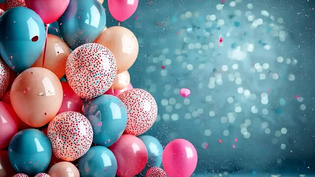 A Festive Celebration: Pink, Blue, and Peach Balloons with Confetti