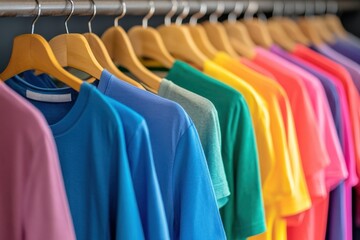 Fototapeta premium Colorful t-shirts displayed on a wooden rack in a vibrant retail space
