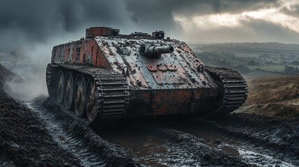 Tank drives on muddy track, cloudy sky background, for military, gaming, history