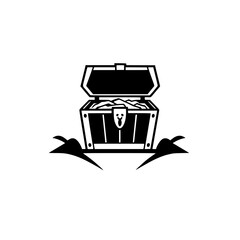 Open treasure chest filled with gold, atop a banner.