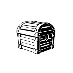 A classic treasure chest illustration with a monochrome, cartoon-like style. The image is well-suited for a digital design, highlighting a distinct wooden texture.