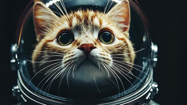An astronaut cat. Dark cat with a dark background is an astronaut. A glare of light from a light bulb. A feline astronaut lifestyle.