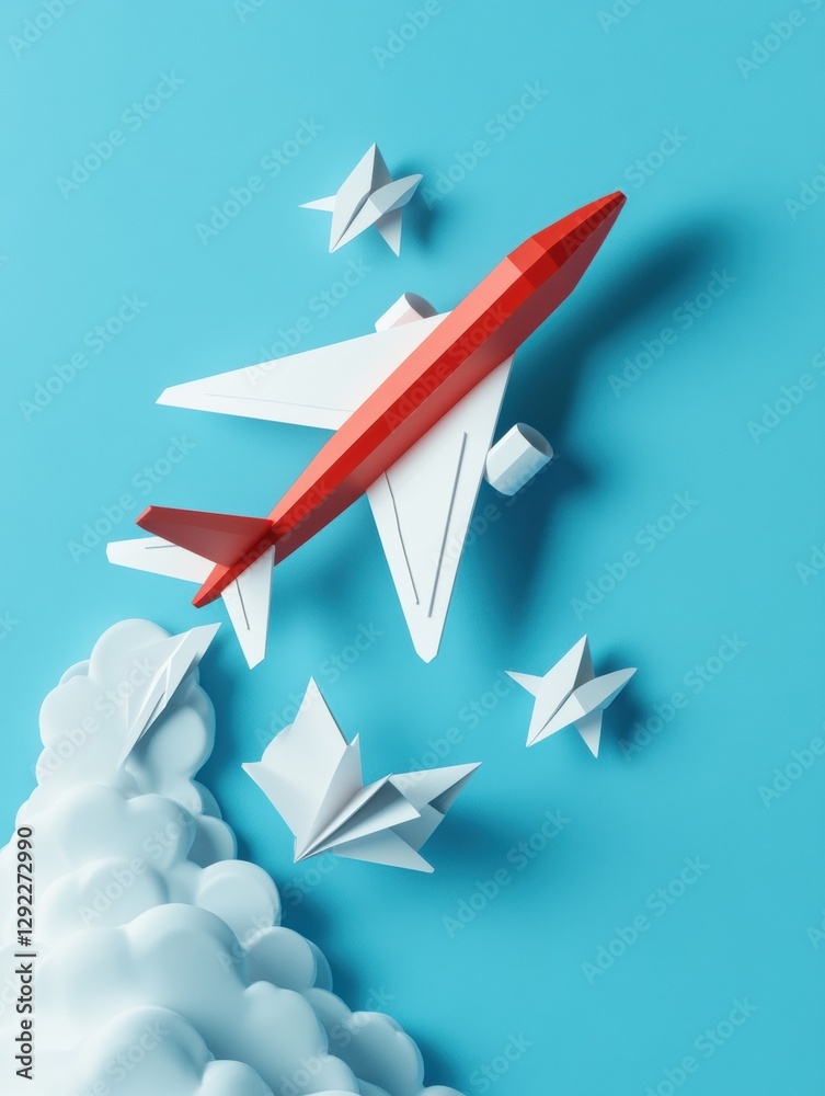 Poster red and white airplane leads a formation of paper planes in a bright blue sky showcasing inspiration