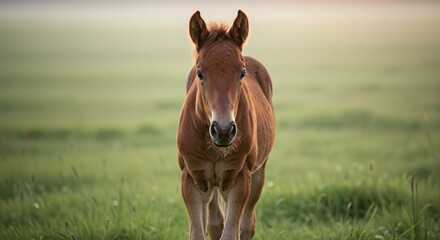 Obraz premium Young brown foal displaying curiosity and playfulness in a lush green pasture under soft morning light