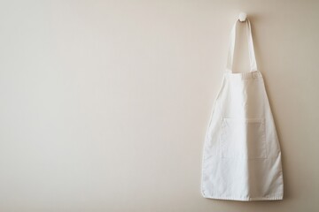 White apron hanging on a neutral wall in a kitchen setting perfect for culinary enthusiasts and home cooks