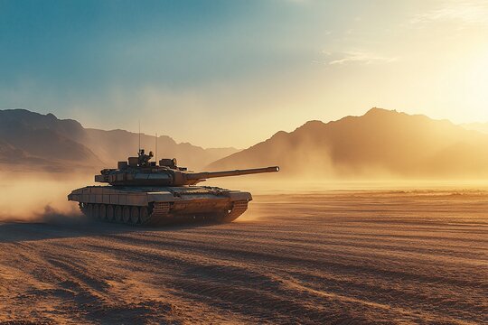 Tank moving in desert, mountains in background, sunset for military, history use