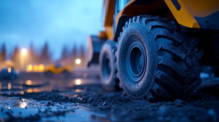 Muddy wheel, construction site at dusk, industrial background, building project
