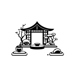 Japanese-style Pagoda with a minimalist design featuring a small, simplified teaceremony landscape.