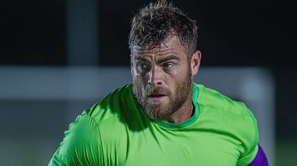 Focused soccer goalie at night