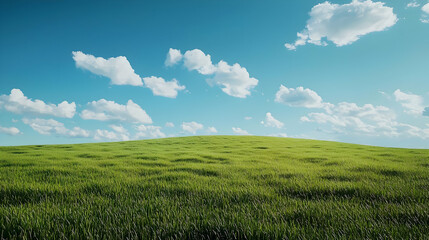 Fototapeta premium Green Field Hill Under Blue Sky with Clouds