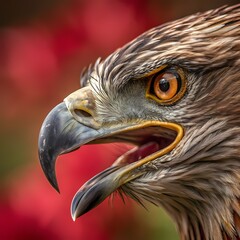 Fototapeta premium Closeup portrait of a brown eagle with open beak and intense amber eye