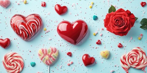 Colorful sweet items for Valentine's Day or a romantic occasion. Assorted candy hearts, chocolates and sweets.