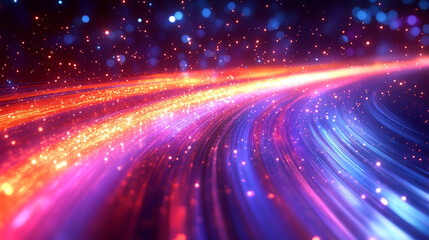 Obraz premium A dynamic blend of blue, red, yellow, and purple light streaks, set against a sparkling starfield, symbolizing high-speed space travel or hyperspace in a modern, futuristic context