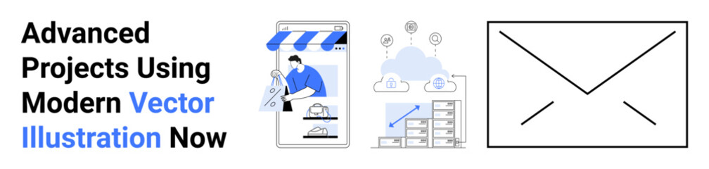 Mobile storefront with user browsing, cloud data sharing with charts, and an envelope for email. Ideal for business, e-commerce, teamwork, marketing, technology, innovation flat landing page banner