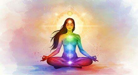Woman in Meditation Chakra System Artistic Watercolor Digital Art