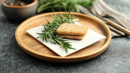 Rosemary Shortbread Cookies on Wooden Plate