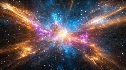 A dynamic blend of blue, red, yellow, and purple light streaks, set against a sparkling starfield, symbolizing high-speed space travel or hyperspace in a modern, futuristic context