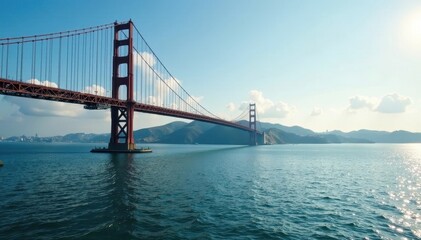 Naklejka premium Symmetrical suspension bridge spanning vast river, steel, engineering, vast