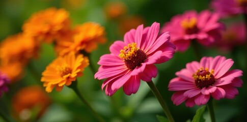 Vibrant orange & pink zinnias burst in summer flowerbed , zinnias, field