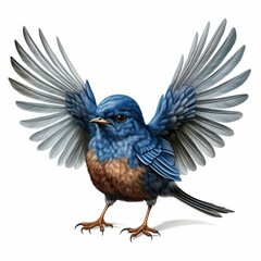 Fototapeta premium A delightful bluebird with its wings wide open, set against a crisp white backdrop, capturing natures beauty.