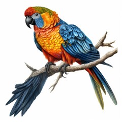 Fototapeta premium A vibrant parrot sits on a branch, showcasing bright colors against a clean white backdrop for a striking visual.