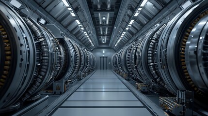 Naklejka premium Futuristic-industrial-corridor-featuring-advanced-machinery-and-rotating-components-in-an-automated-technology-environment