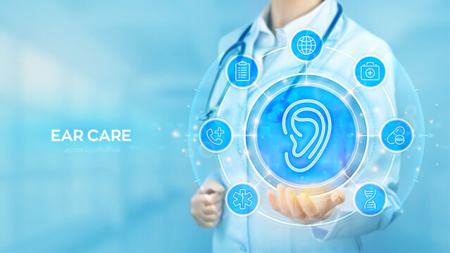 Otolaryngology. Ear Care. Diagnosis and treatment of hearing problems and deafness, audiology, hearing loss. Doctor holding in hand Nose icon and medical icons network connection. Vector illustration.