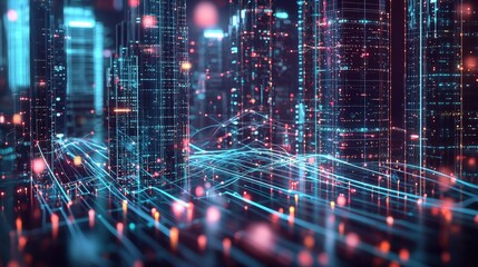 Obraz premium Colorful neon digital city skyline. Illuminated high tech futuristic network infrastructure. Concept of advanced technology and cyberspace. Aerial view with artificial intelligence theme.