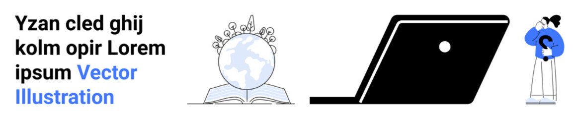 Open book with a globe and plants, laptop silhouette, person thinking with ideas. Ideal for education, learning, global growth, innovation, technology creativity inspiration. Abstract line flat