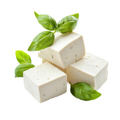 cheese blocks, fresh basil leaves, minimalist composition, isolated on white background