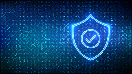 Security shield. Cyber security. Protection shield with Check mark icon. Cyber data protection. Information privacy idea. Circuit board pattern. PCB printed circuit texture. Vector illustration.