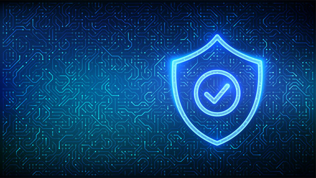 Security shield. Cyber security. Protection shield with Check mark icon. Cyber data protection. Information privacy idea. Circuit board pattern. PCB printed circuit texture. Vector illustration.
