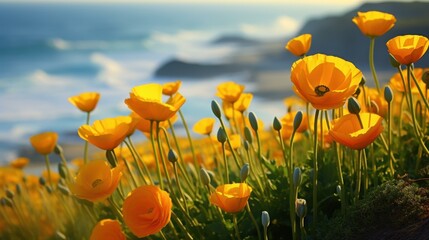 Obraz premium Vibrant yellow buttercup flowers contrast beautifully against the tranquil sea backdrop, creating a stunning natural scene.
