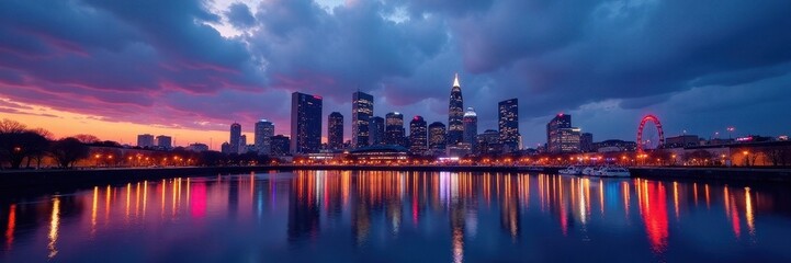 Naklejka premium Liverpool skyline, dusk, illuminated buildings, water reflection, blue hour, historic