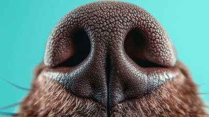 Obraz premium A striking closeup of a dogs nose reveals intricate textures against a soft blue backdrop, highlighting its charm.