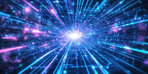 Obraz premium Surreal digital illustration of space with nebula, galaxy and stars. Energy waves and technology elements in the center.