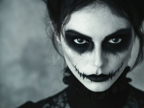 Maleficent gothic woman with Joker-like makeup, creating a haunting portrait.
