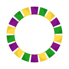 Vector Mardi Gras circle garland frame. Purple, green and yellow flags in circles with empty space on white background