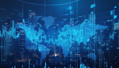 A stock market graph with a cityscape background, in the style of a double exposure graphs display rising and falling financial data in shades of blue against the backdrop of skyscrapers Generative AI