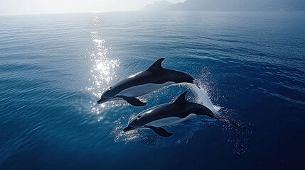 Fototapeta premium Dolphins leap and playfully splash in the shimmering waters under the bright sun. The joyful display occurs near stunning coastal landscapes, showcasing their grace and agility
