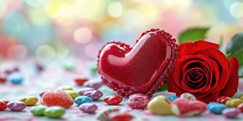 Heart-shaped candy with roses on a festive table.