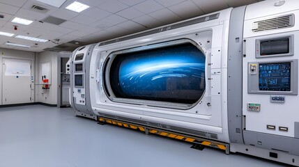 Obraz premium High-tech-futuristic-capsule-with-glowing-screen-displaying-cosmic-space-scene-in-modern-laboratory-environment