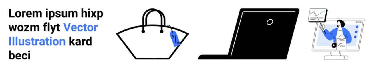 Handbag with price tag, laptop, and data analysis on monitor. Ideal for e-commerce, online shopping, tech, fashion trends, business, retail marketing flat landing page banner