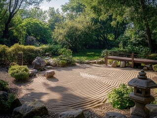 A peaceful Japanese-style zen garden with a sand path, stone walkway, miniature forest, and bonsai. A perfect place for meditation and relaxation amidst nature.