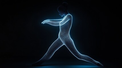 Obraz premium Digital Wireframe Figure: A Glowing Silhouette in Motion, Poised and Dynamic.