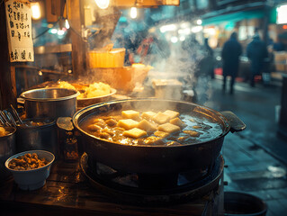 A traditional oden stall on a quiet Japanese street