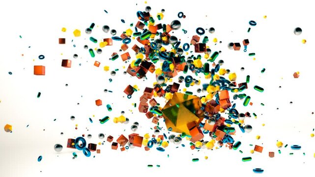 Colorful explosion of small 3D objects scattered across a white backdrop. Their varied hues and translucent surfaces convey a playful sense of motion