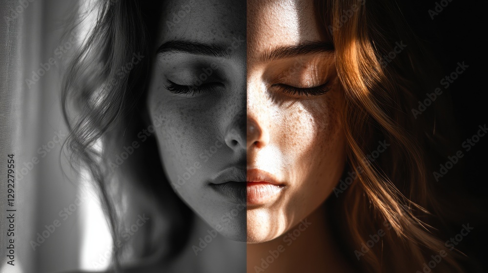 Fototapete Emotional journey depicted through grayscale to color transformation showcasing a shift from sadness to tranquility and hope. Generative AI
