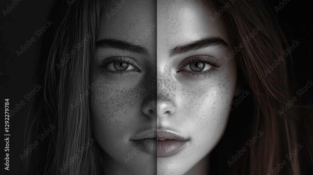 Poster mood transformation displayed through grayscale to vibrant expression in a close up portrait. genera